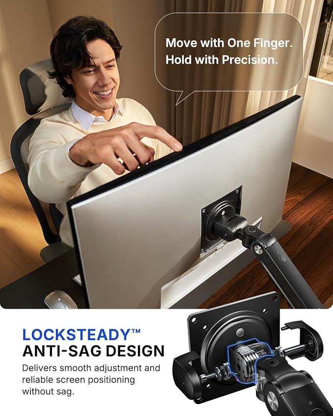 HUANUO FlowLift Pro Dual Monitor Mount for 13–27" Screens, MechaSpring Monitor Stand, Adjustable Monitor Arms for 2 Monitors with Tilt/Swivel/Rotation, Tool-Free VESA Mount, Max Load 15.4 lbs - Image 4