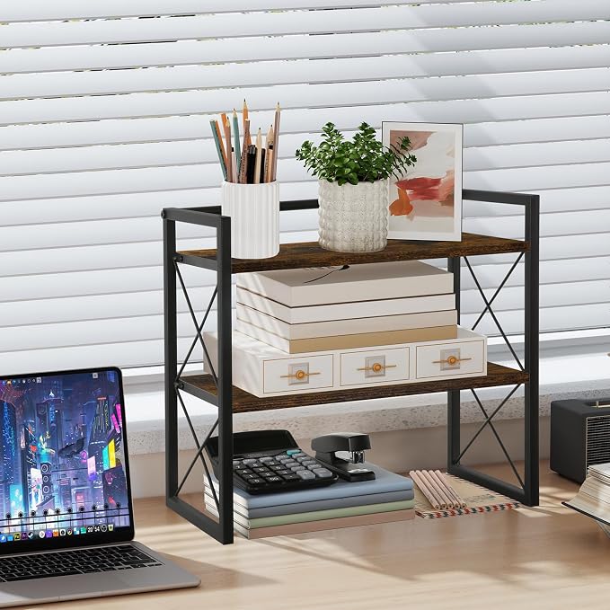 YINMIT Desktop Shelf Organizer, 2 Tier Office Shelves, Wood Desk Organizer Storage Rack and Freestanding Display Shelf for Office, Dormitory, Home - Image 2