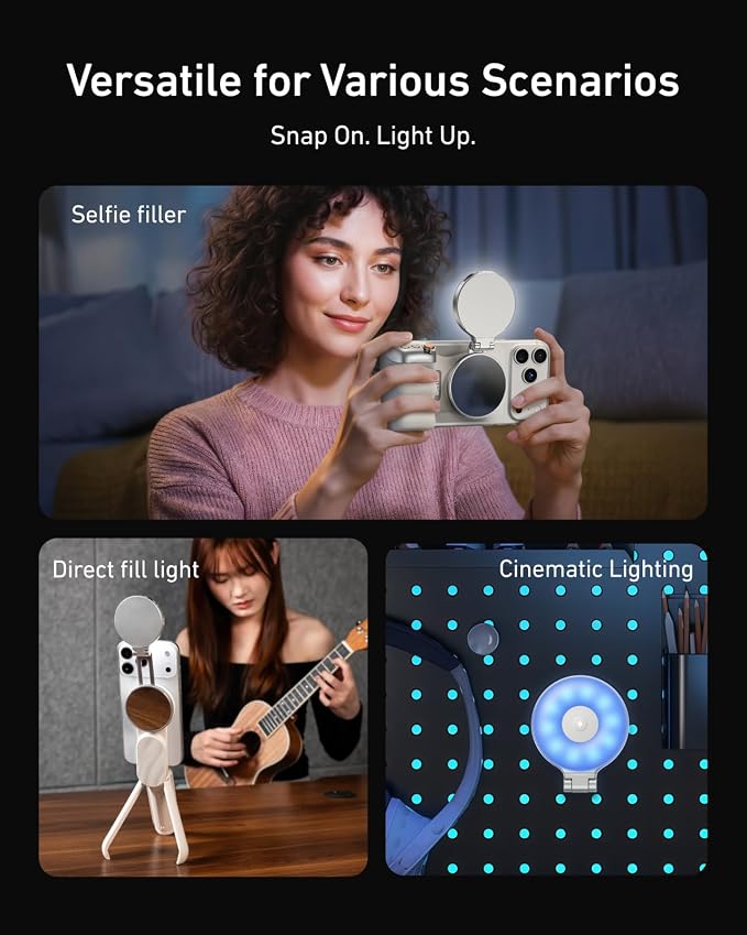 TELESIN 4-in-1 RGB Selfie Light with Mirror for Phone | 4 in 1 Magnetic RGB Light with Makeup Mirror and Phone Stand, Rechargeable Clip-On Light for TikTok, Vlog, Selfie, Makeup - Image 6