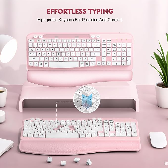 EAYBLLY 2.4G Wireless Ergonomic Keyboard, Full Size Wave Keys with Memory Foam Wrist Rest & 7.28in Phone Holder, USB-C Adapter Included for Windows Mac Chrome OS, Office or Home (Pink) - Image 4