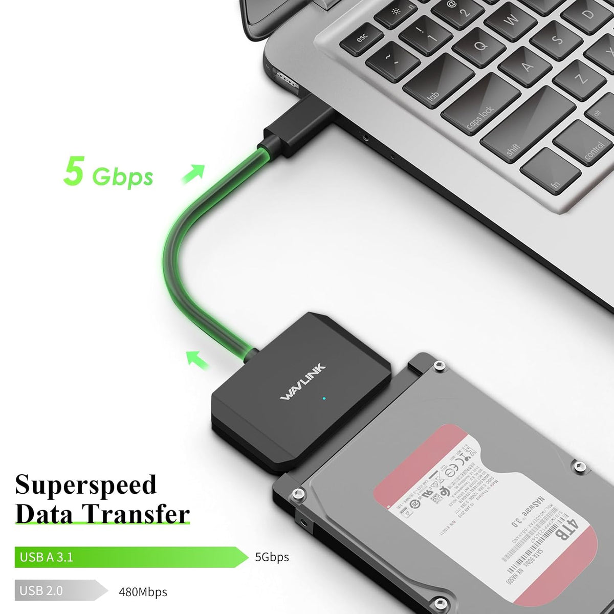 WAVLINK SATA to USB Type-A Hard Drive Cable, 5Gbps USB3.0 to Sata Cable Support UASP, External Hard Drive SATAI/II/III Connector 2.5" SSD/HDD and 3.5" HDD up to 20TB, Power Adapter Included - Image 3