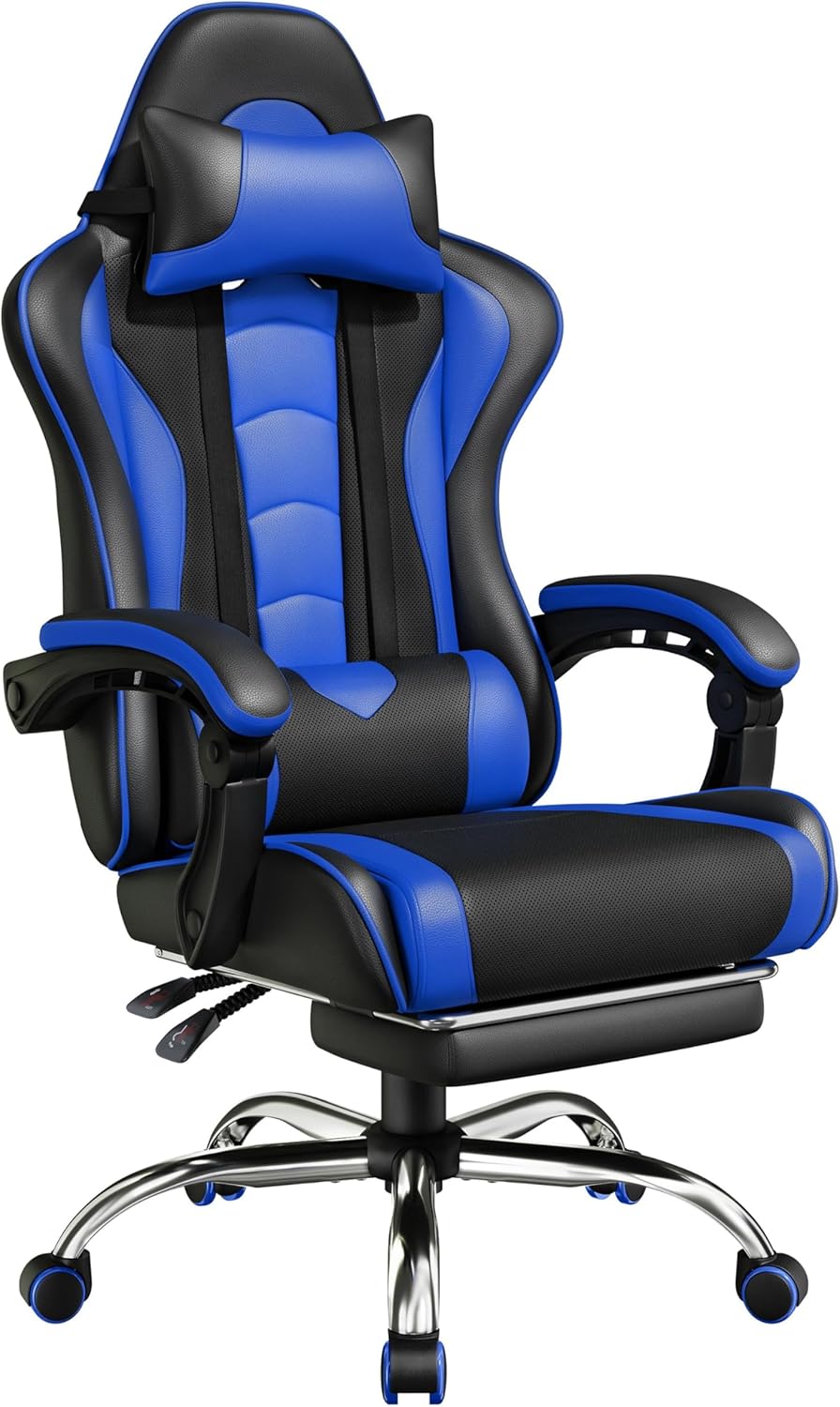Yaheetech Gaming Chair with Footrest Massage Lumbar Pillow Black and Blue by Yaheetech