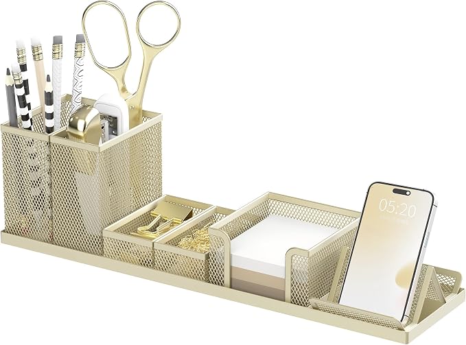 Pen Holder for Desk, 6-Piece Mesh Desk Organizer with Phone Holder, Gold | 6-Piece Black Mesh Desk Set Includes Pen Cups, a Sticky Note Caddy and Phone Holder for Office, School, Home by SUPEASY