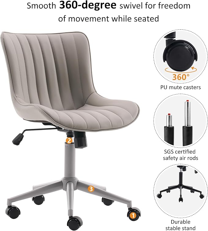 YOUNIKE Office Desk Chair with Wheels Armless Vanity Chair Ergonomic Grey | Faux Leather Upholstered with Rocking Back, Swivel Height Adjustable, Modern Small Cute Task Chair For Sewing Drafting - Image 4