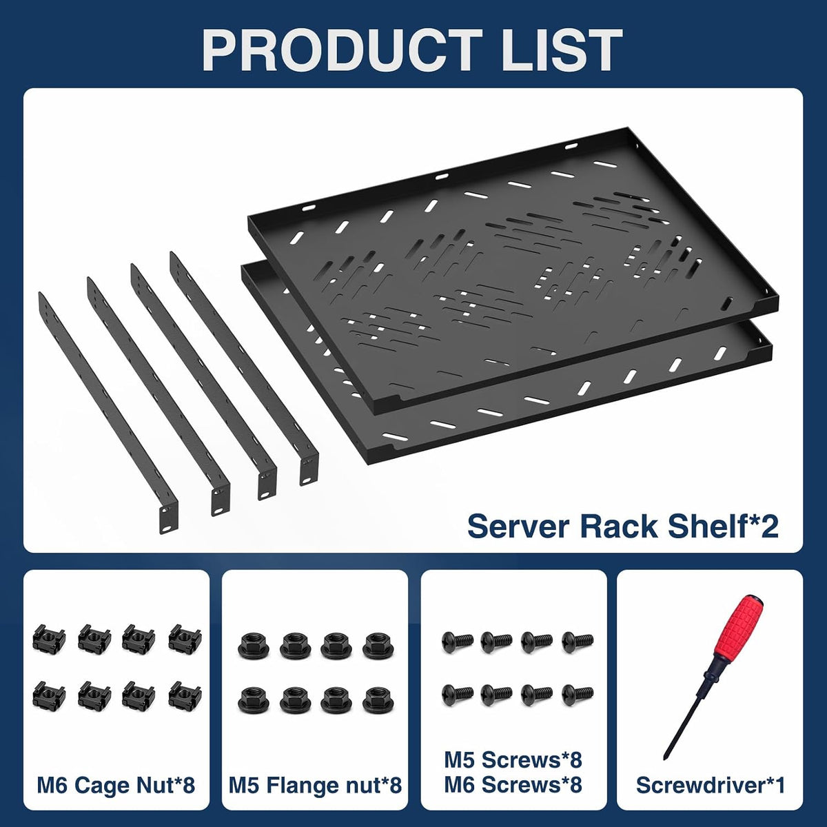 1U Rack Shelf,2 Pack Rack Mount Shelf with Removable Mounting Ears,19 Inch Server Rack Shelf for Network,Router&Audio Equipment,M5/M6 Hardware,Screwdriver - Image 5