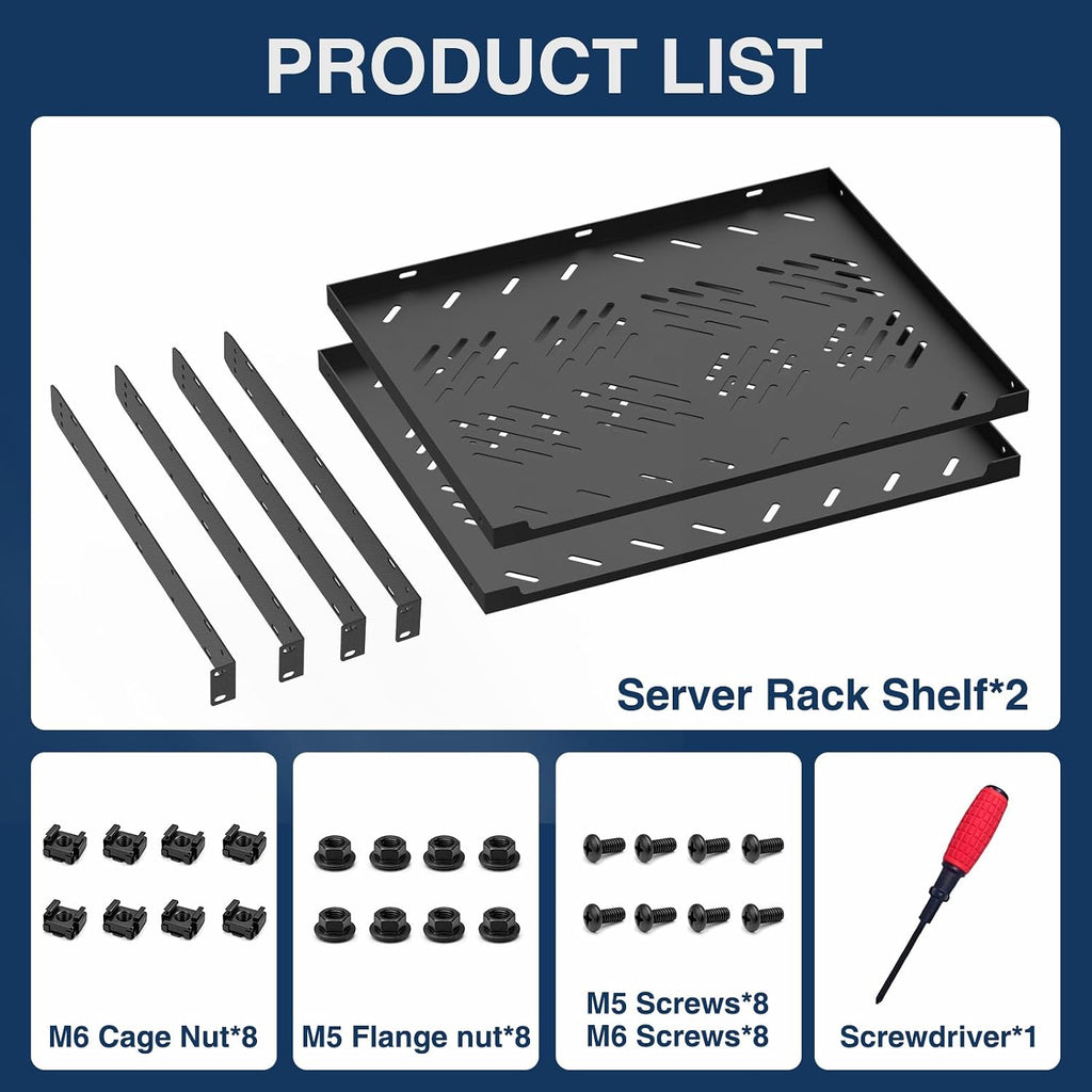 1U Rack Shelf,2 Pack Rack Mount Shelf with Removable Mounting Ears,19 Inch Server Rack Shelf for Network,Router&Audio Equipment,M5/M6 Hardware,Screwdriver - Image 5