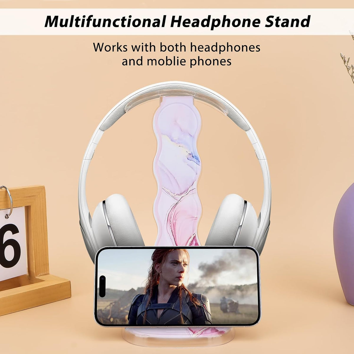 CamyCosy Headphone Stand Gaming Headset Holder for Desk,Luxury Pink Marble Pattern Earphone & Cellphone Stand Desk Accessories for All Headphones Size - Image 3