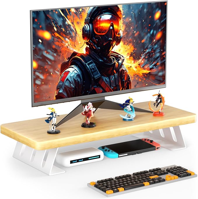 Monitor Stand Riser, 24 Inch Wood Desk Monitor Riser for Laptop/PC/Printer | Computer Monitor Stands with Storage for Desk, Desktop Stands Organizer for Home Office, Holds 220 LBs Load, Oak by NestNeatHome