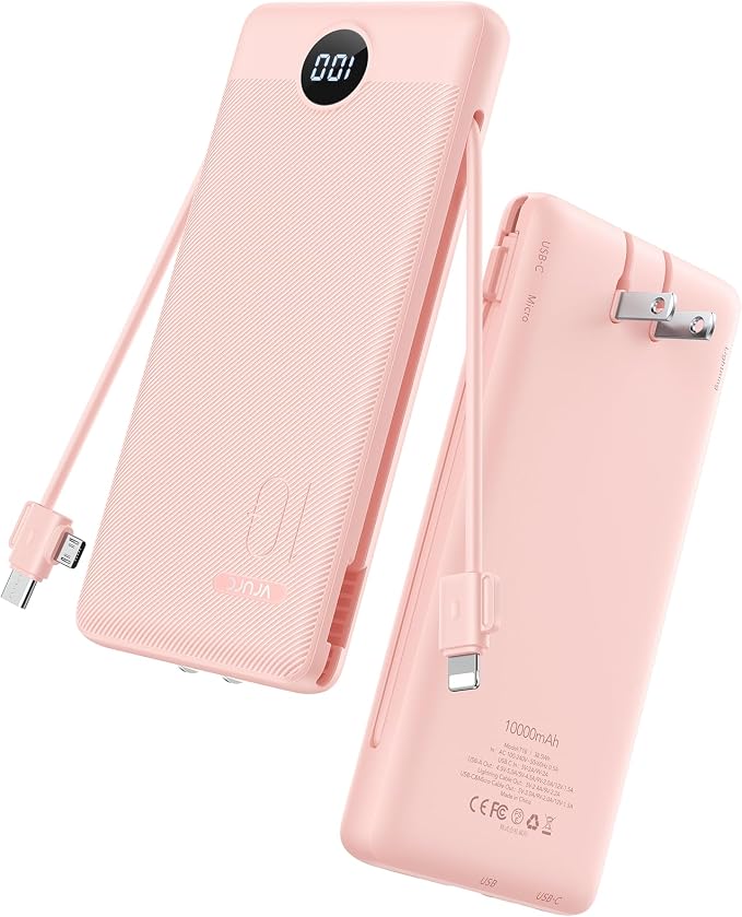 VRURC 22.5W Portable Charger 10000mAh Fast Charging with Built-in AC Plug | powe bank battery pack, travel essentials for women,USB C cable, Ultra Slim,pocket size Pink by Home