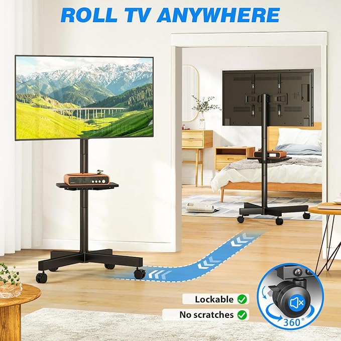 Rfiver Mobile TV Stand for 23-65 Inch Flat/Curved TVs up to 88 lbs Black | Rolling TV Stand with Adjustable Shelf & Tilt, Portable Floor Stand on Wheels for Bedroom, Living Room, Max VESA 400x400mm - Image 5
