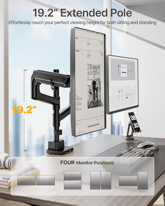 monTEK Dual Monitor Arm, Vertical Stackable 57", Heavy Duty with USB Black | Vertical Stackable Gas Spring Arm For 17–57" Ultrawide Monitors,Up To 59.4 Lbs Each, 75/100 VESA Mount with USB 3.0A/C - Image 3