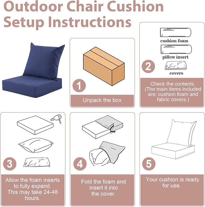 Outdoor Deep Seat Cushion Set, 24x24 Inch Water-Resistant & Fade-Resistant Outdoor Chair Cushions, Patio Furniture Cushions with Removable Cover for Patio Chair, Sofa,Navy Blue (Set of 2) - Image 7
