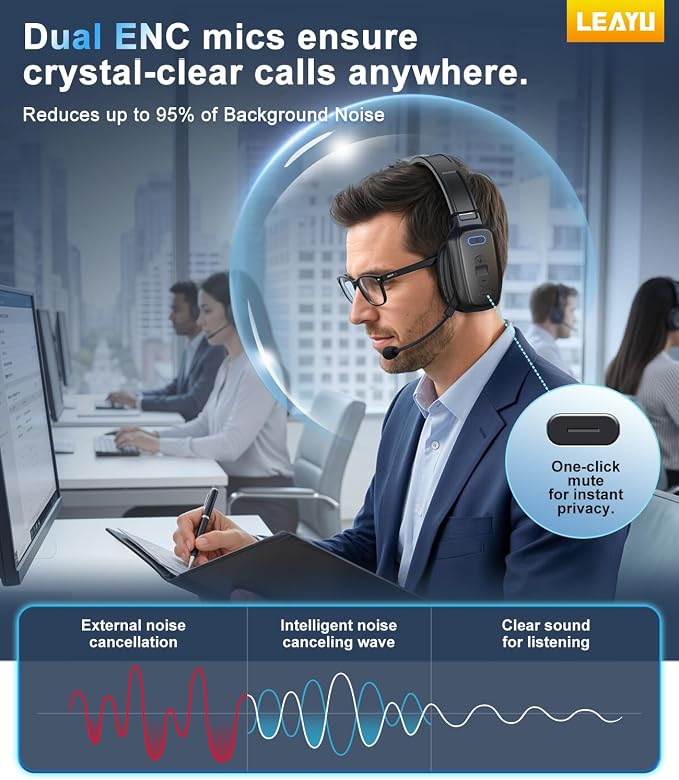 Trucker Bluetooth Headset, 60-Hour AI Noise-Canceling Mic for Driving | Mute Button, Multipoint Pairing, Single-Ear Design, Over-Ear Comfort, Bluetooth 5.2 Wireless Headphone, Phone/PC, Office/Work - Image 2