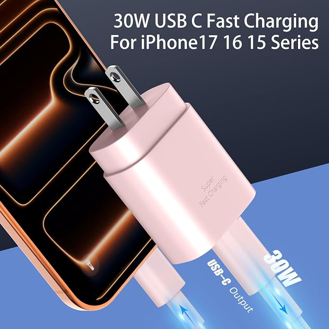 Phone 16 15 Charger Fast Charging,30W Type C Chargers USB C Charge Block with 2 Pack 10FT USB C Cable Nylon Braided for Phones 16/16 Plus/16 Pro/16 Pro Max/Phone 15/15 Pro Max/Pad Pro/AirPods,Pink - Image 2