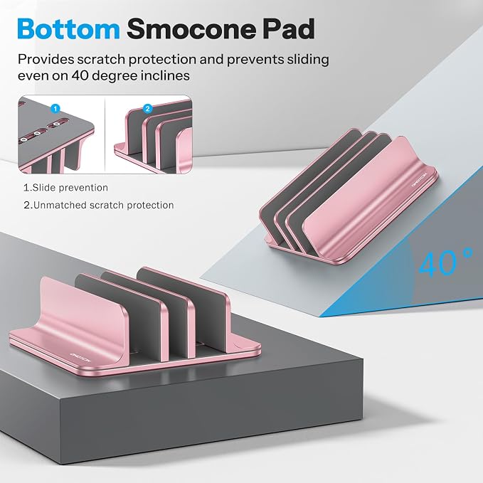 OMOTON 3-Slot Multiple Vertical Laptop Stand, Fits MacBook, Rosegold | Adjustable Width 0-1.38", Aluminum Office Space-Saving for Desk, Fits MacBook/Book/iPad Up to 17.3in - Image 3