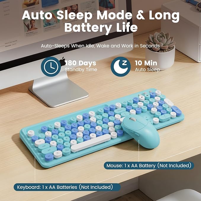 Wireless Keyboard and Mouse Combo, Retro Round Keycaps, Full-Size Stylish Typewriter Keyboard with Phone/Tablet Holder, Ergonomic Mouse with 3-Level DPI, 2.4GHz Connection for Windows/PC (Ice Blue) | Full-Size Retro Typewriter-Style Keyboard, Tilt Legs... - Image 5