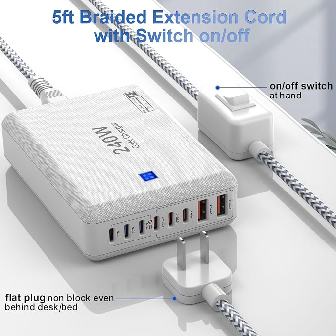 USB C Charger Block 240W, 8-Port Charging Station for iPhone/Ipad/MacBook, 6C2A PD GaN Charger Box, USB Tower Hub with Flat Plug, Travel Essentials - Image 6
