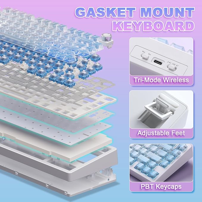 N75 V2 Wireless Gaming Keyboard,2.4GHz/BT/Wired Mechanical Keyboard | 75% Keyboard with Knob, Tri-Mode Bluetooth Keyboard, Gasket Hot Swappable Creamy Keyboard for Win & Mac (Pink-Blue Gradient) - Image 6