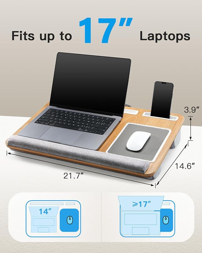 HUANUO Lap Desk - Fits up to 17 inches Laptop Desk, Built in Mouse Pad & Wrist Pad for Notebook, Laptop, Tablet, Lap Stand with Tablet, Pen & Phone Holder, Wood Grain - Image 3