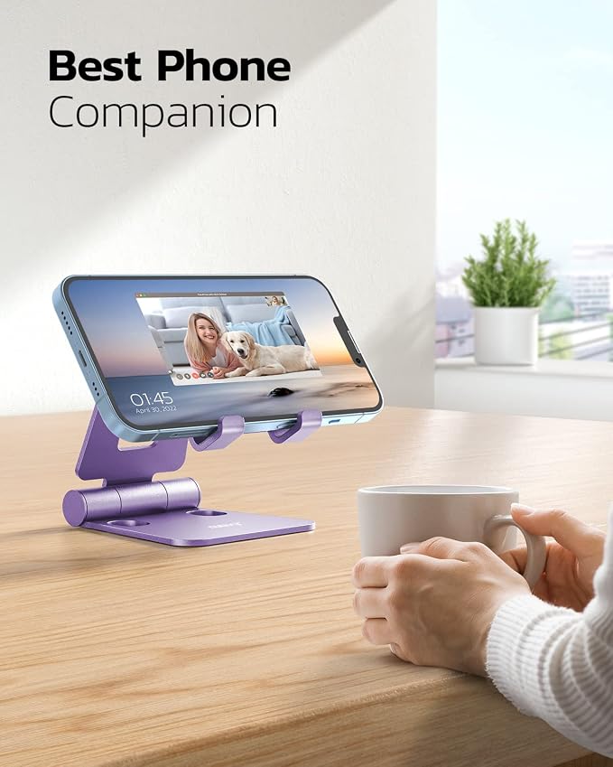 Nulaxy Full Aluminum Dual Folding Cell Phone Stand for Desk, Purple | Height Angle Adjustable, Portable, Anti-Slip Base, Fits 18mm Thick Case Smartphone, Nintendo Switch Desk Essential Accessory - Image 6