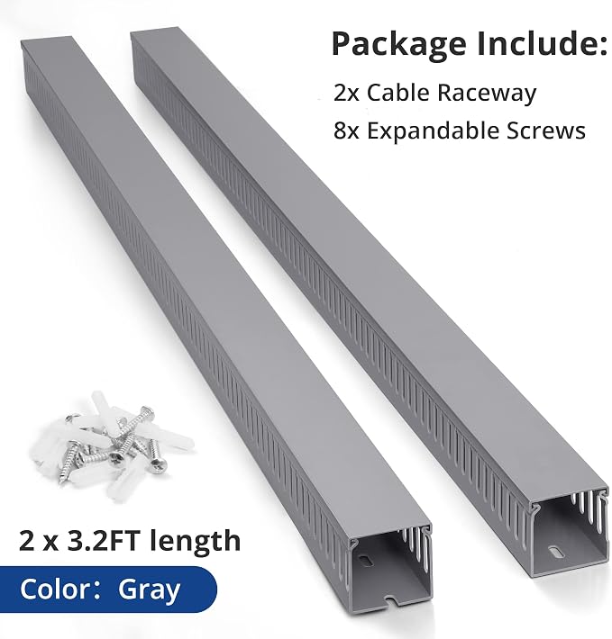 ZhiYo 3" H x 3" W Cable Raceway, Under Desk Wire Management Channel Grey | Slotted Wire Duct, 2 Pack(3.3ft Each), Heavy-Duty PVC Cable Management for Server Racks, Network Cables & Electrical Cabinets - Image 5