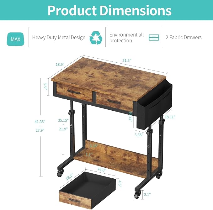Small Portable Standing Rolling Desk - 32 Inch Adjustable Mobile Stand Up Teacher Desks with 2 Fabric Drawers on Wheels, Couch Sofa Side Laptop Table with Storage for Bedroom Home Office, Rustic Brown - Image 3