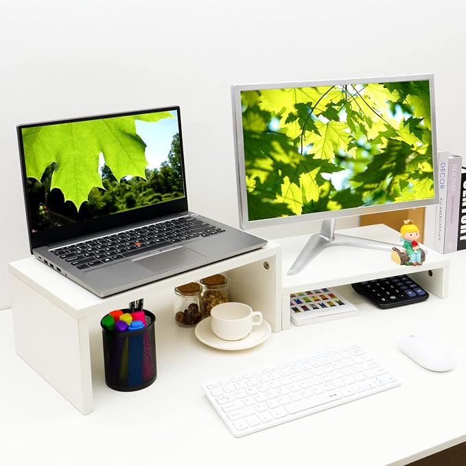 TEAMIX 2-Pack White Monitor & Laptop Stand Riser, High-Low Dual Monitor Set | Stacked/Separate Use, Adjustable Computer Stand for 2 Monitors, Holds 80Lbs, Wood Desk Organizer, for Home Office, Gaming by TEAMIX