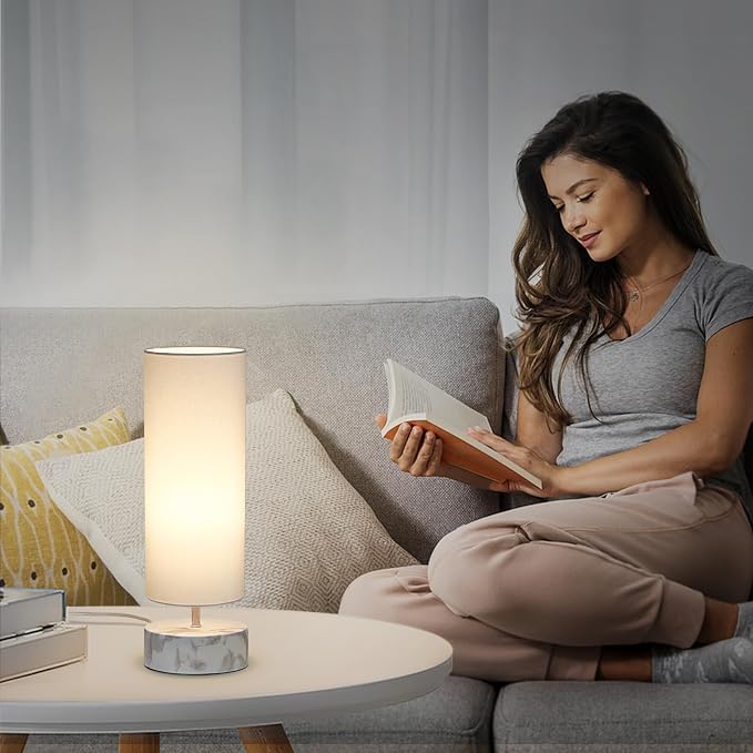 Touch Table Lamp with Marble-Grain Metal Base, 3 Way Dimmable Bedside Lamp | Modern Minimalist Desk Lamp with White Shade, Nightstand Night Light for Bedroom Living Room Home Office, LED Bulb Included - Image 5