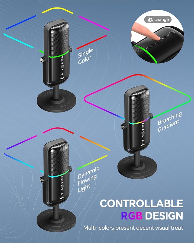 CMTECK USB Microphone for PC, PS4/PS5, Laptop – Computer Microphone with RGB Lighting, Mute Button, Mic Gain, Plug & Play, 3 Sound Modes for Streaming, Podcasting, Recording - Image 6