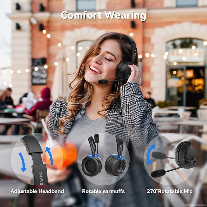 Wireless Headset with Mic for Work, Wireless Headset with Microphone AI Noise Cancelling, Bluetooth 5.3, 60H Battery, Mute Button, Comfortable Over Ear Headphones for PC, Laptop, Call Center, Office - Image 6