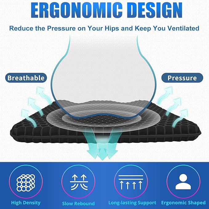 Gel Wheelchair Seat Cushion for Long Sitting, Extra Large & Thick Seat Cushion with Non-Slip Cover - Coccyx, Sciatica & Back Pain Relief - Wheelchair Cushions - Office Chair Car Seat Cushion - Image 4