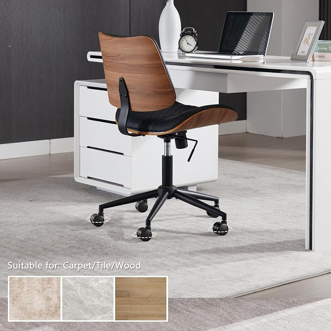 Home Office Chair No Arms with Wheels, Mid Back Walnut Style, Black | Adjustable Height Small Desk Chair, PU Leather Mid Back 360 Swivel Computer Seating, Armless Walnut Office Chair, 300LBS - Image 8