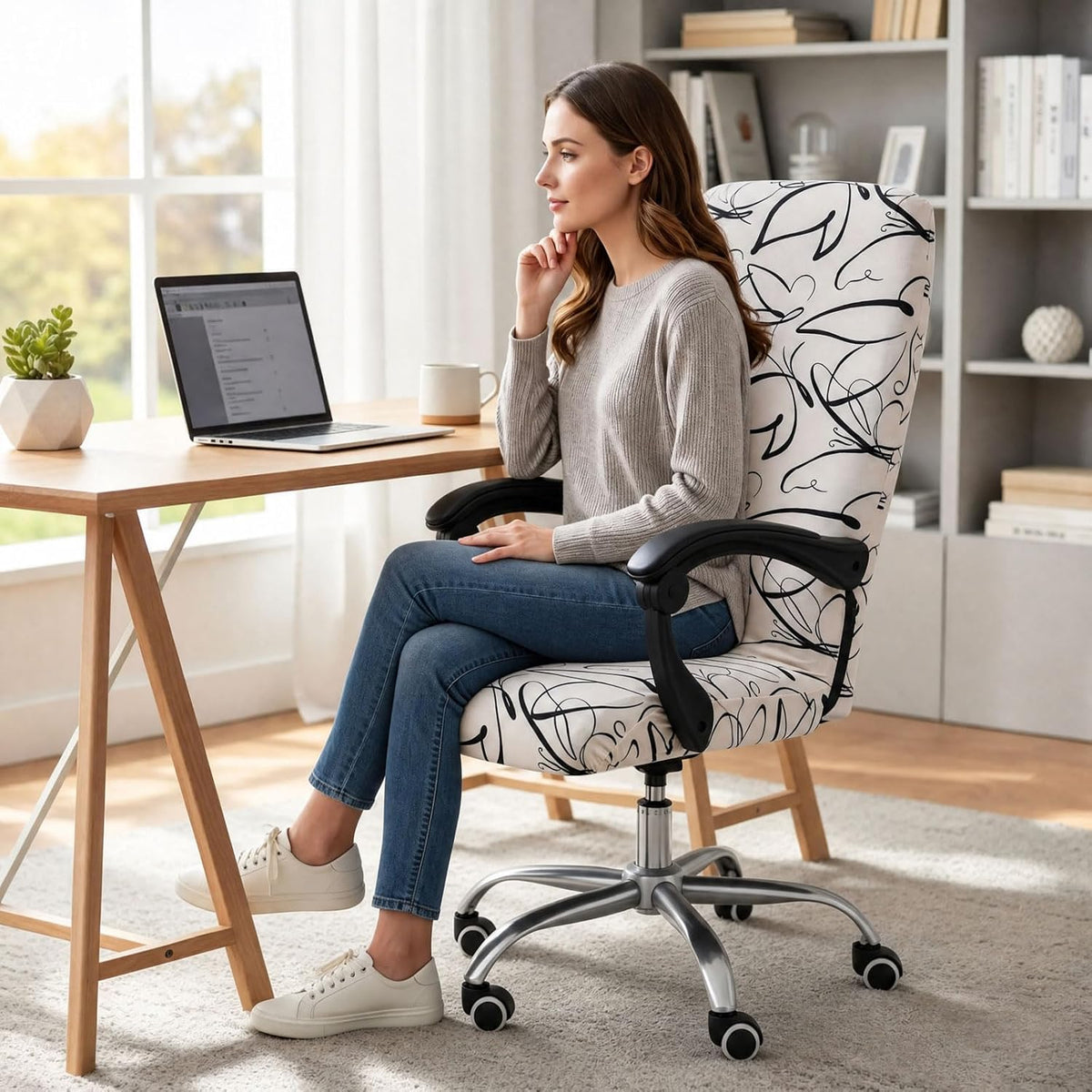 Smiry Stretch Printed Office Computer Desk Chair Covers, Beige and Black - Image 8