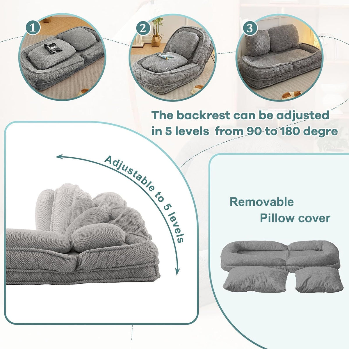 Human Dog Bed for Adults & Pets, 5-Position Floor Chair, Gray - Image 2