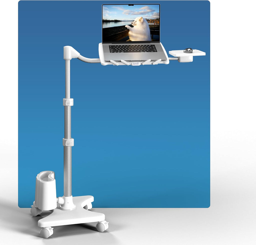 LEVO G2 Deluxe Rolling Laptop Stand with Mouse Tray, Silver & White - Image 7