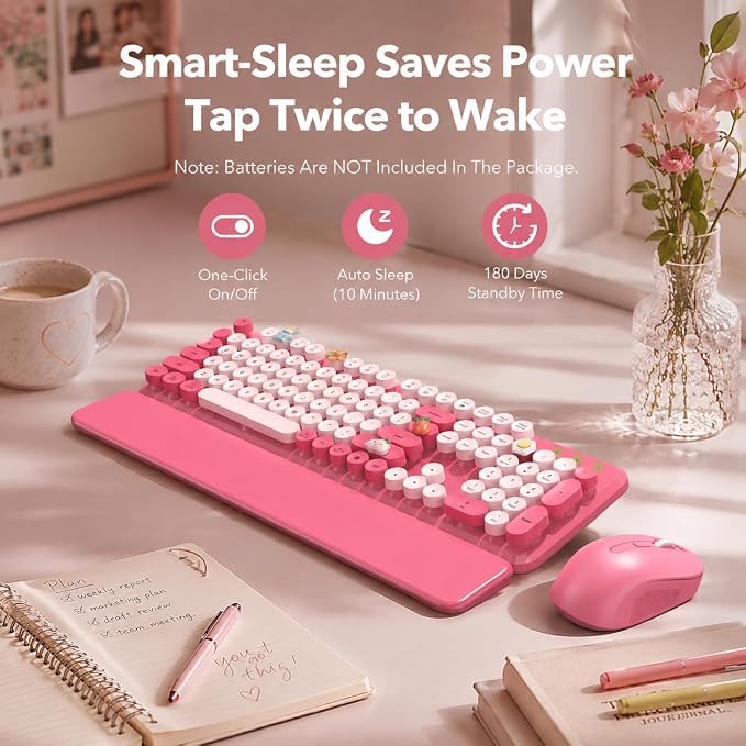 Wireless Keyboard and Mouse Combo, Round Keycaps, Magnetic Wrist Rest, Pink | Full-Size Retro Typewriter-Style Keyboard, Tilt Legs, Auto Sleep, 2.4GHz Cordless for MacOS, Windows PC, Laptop, SABLUTE CK23 - Image 5