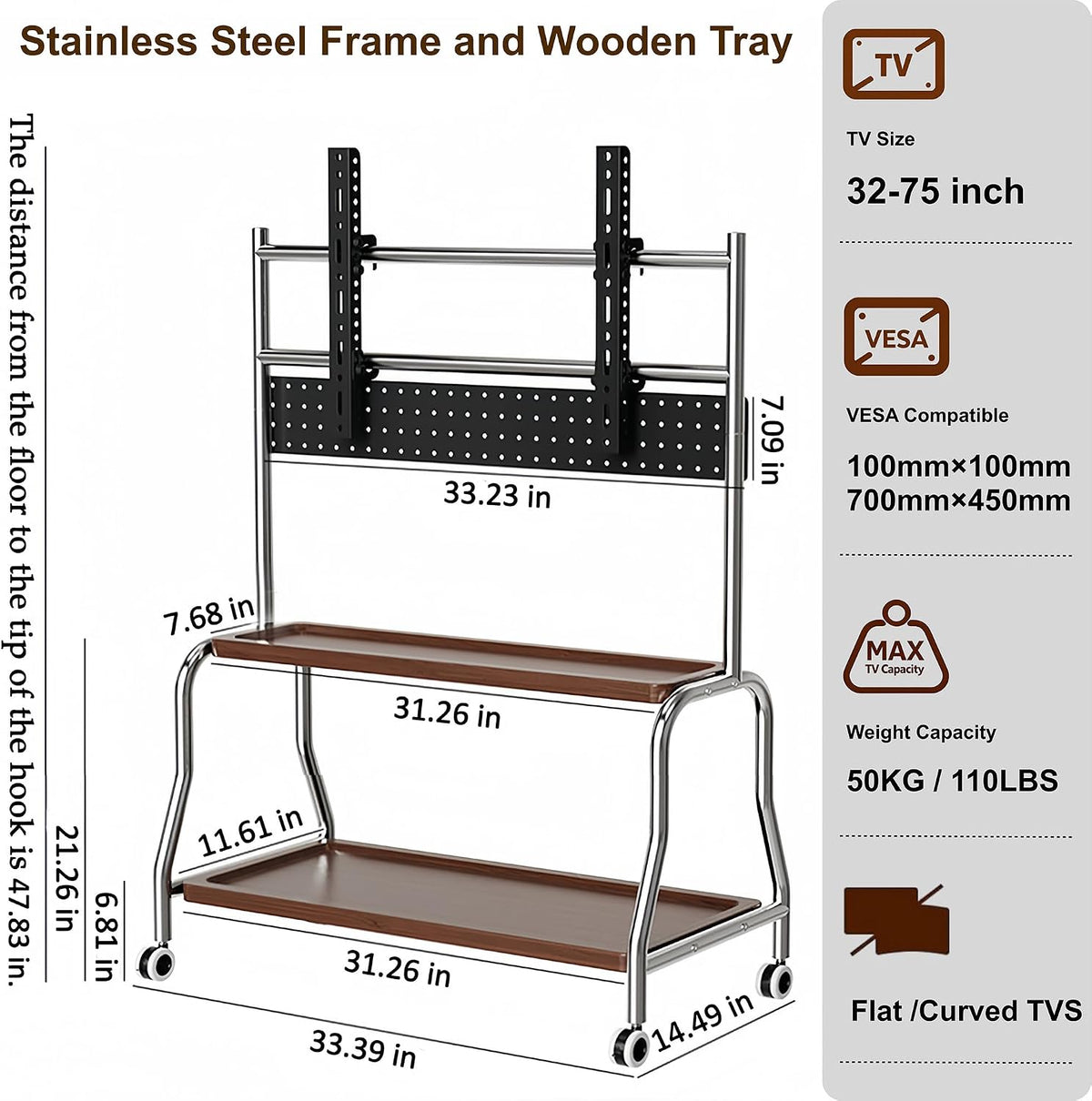 Rolling TV Stand for 32-75 Inch TVs with Double Storage Shelves & Pegboard - Image 2