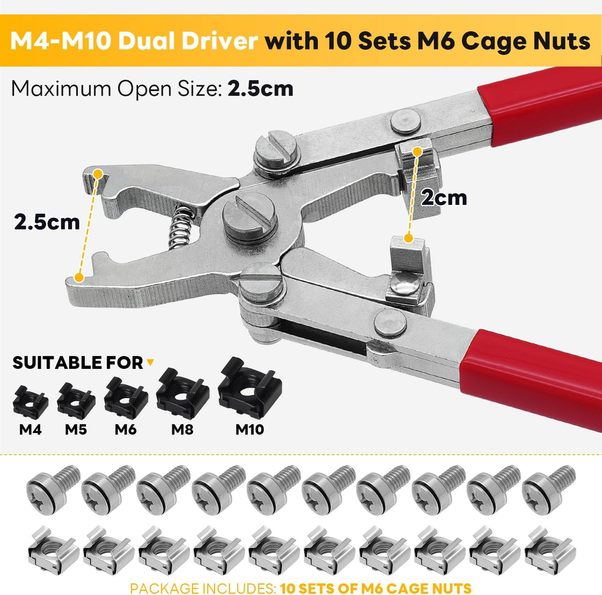 Rotable Cage Nut Tool and 10Sets Rack Screws, Cage Nut Installing/Removing Server Room Rack Side and Top, IT, Data Center, Cabinet, Server Shelves Fixing, Tool for Cage Nut of M4 M5 M6 M8 M10-(Red) - Image 3