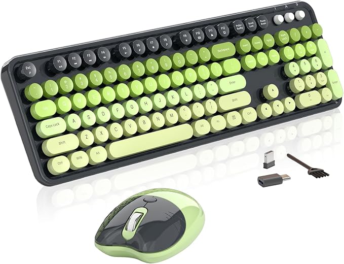 Wireless Keyboard and Mouse, MOFII 104 Round Keycaps Retro Typewriter with OTG & Brush, Full-Size Ergonomic, Ideal for Windows PC, Home, Office and College Gray Green by MOFII