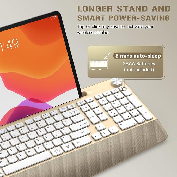 JOYACCESS Ergonomic Wireless Keyboard with Palm Rest & Tilt Angle, 2.4G Full-Size, Comfortable Typing, USB-C Adapter & Phone Holder for Mac/Windows -Gold White - Image 4