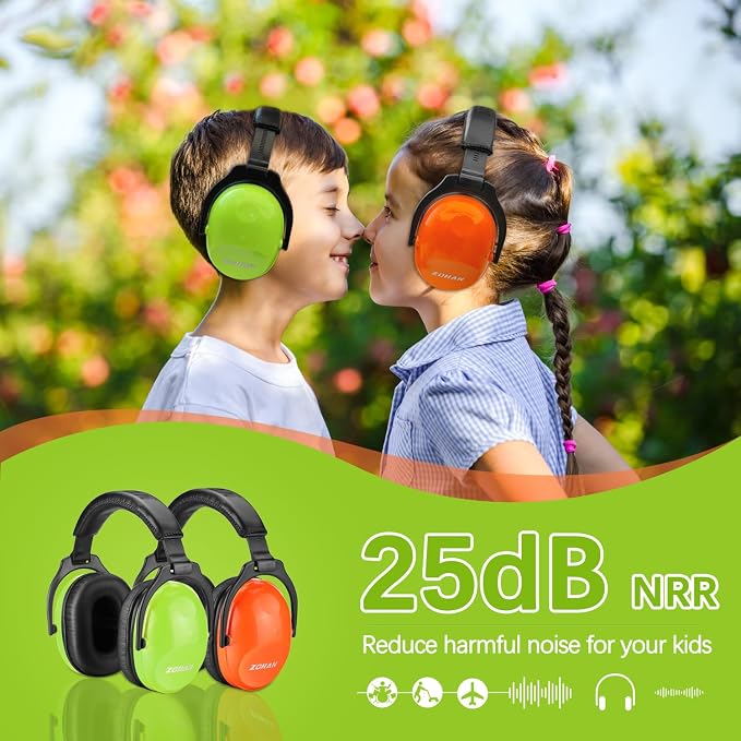 ZOHAN Kids Ear Protection 2 Pack, 25dB NRR Noise Cancelling Headphones for Kids, with Pillowy Pads, for Monster Truck, School, Autism, Sensory, Fireworks, Concerts, Events (Orange+Green) - Image 3
