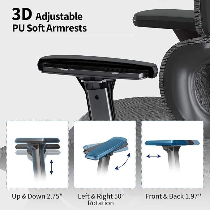 Ergonomic Office Chair with Footrest, Big and Tall Desk Chair with Adjustable Lumbar Support, Seat Depth & 3D Armrests, High Back Mesh Computer Chair for Home Office, Black - Image 8
