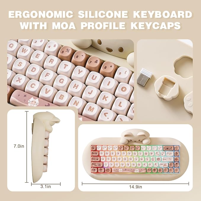 YUNZII C68 Silicone Cute Cat Mechanical Keyboard (Brown,Cocoa Cream Switch) | Wireless Triple Mode BT5.0/2.4G/Wired, RGB Backlit NKRO, Cute Cat Silicone Ergonomic Design for Win/Mac - Image 7