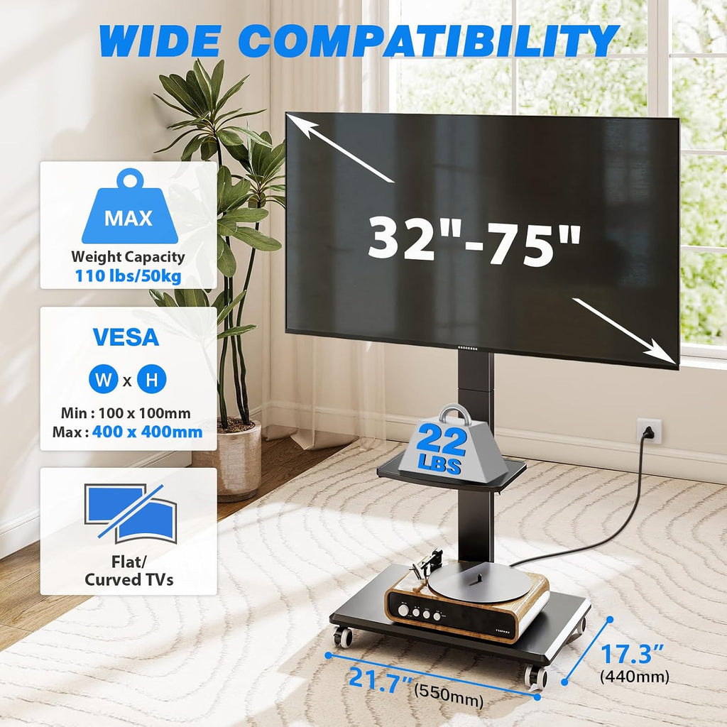 Rfiver Rolling TV Stand 32-75 Inch with Power Outlet and Shelf, Black - Image 2