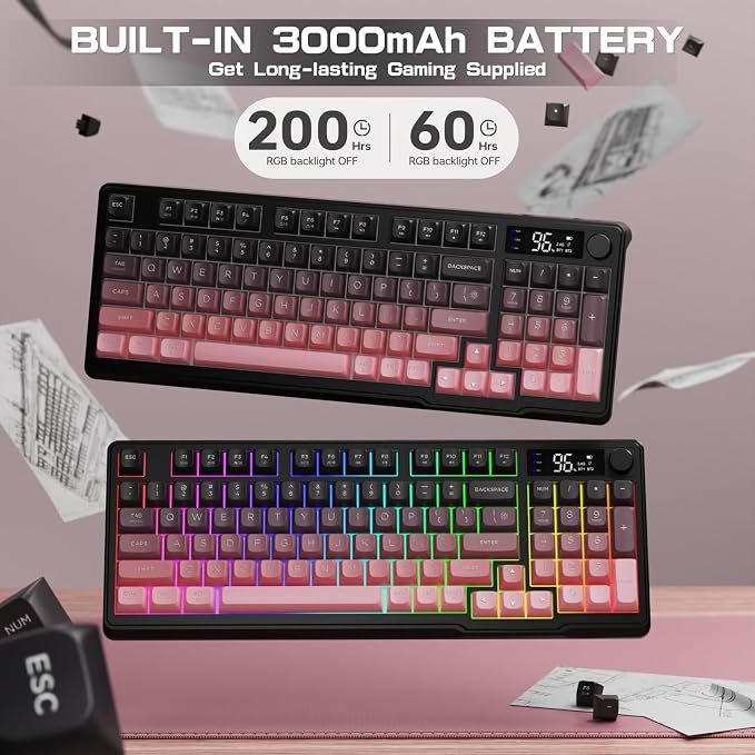 LexonElec M96 Wireless Keyboard, Low Profile Quiet Typing Membrane Gaming Keyboard with Smart Display & Knob, RGB Backlit, USB C Rechargeable, 94 Keys PBT Keycap for Windows PC, Mac, Linux-BlackBerry - Image 6