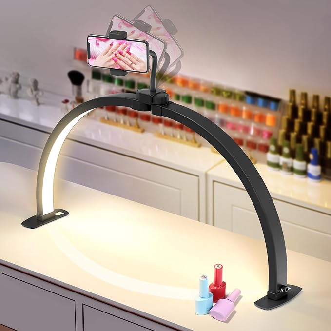 Yokilly Half Moon Light for Nail Desk: 29" Foldable Nail Light for Desk | AB Diamonds Arch Nail Tech Light with Phone Holder for Beginner - 3 Color Modes & 10 Brightness for Manicure Salon-Black by Yokilly