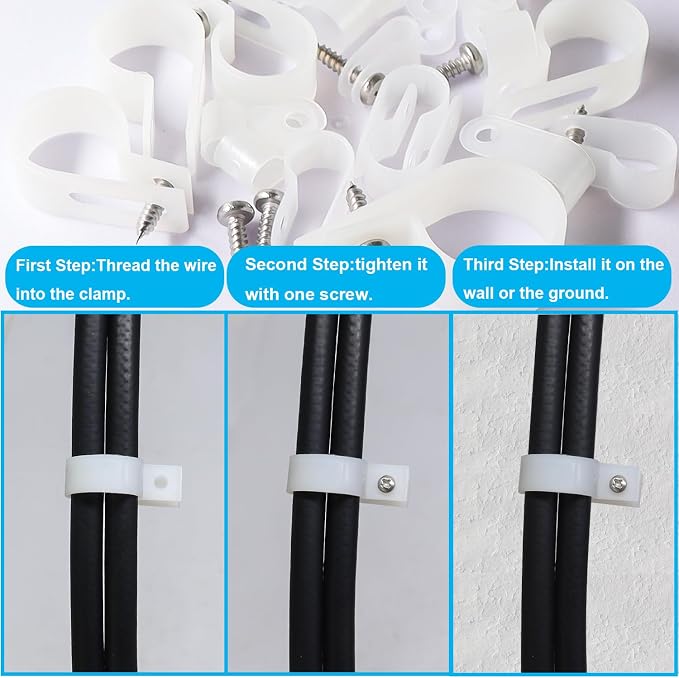 TWTADE 306PCS White Cable Clamps Assortment Kit, Nylon Plastic R-Type 6 Sizes 3/16'' 1/4'' 3/8'' 1/2'' 3/4'' 1'' Cable Mounting Wire Clips Fastener with Screws for Wire Management - Image 5