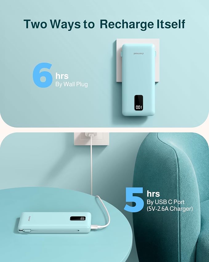 charmast 10000mAh Portable Charger with Built-in Cables and AC Wall Plug | Slim All-in-One USB-C Power Bank, Charge Up to 4 Devices at Once, Travel Essential, Compatible with iPhone, Samsung, Android - Image 6