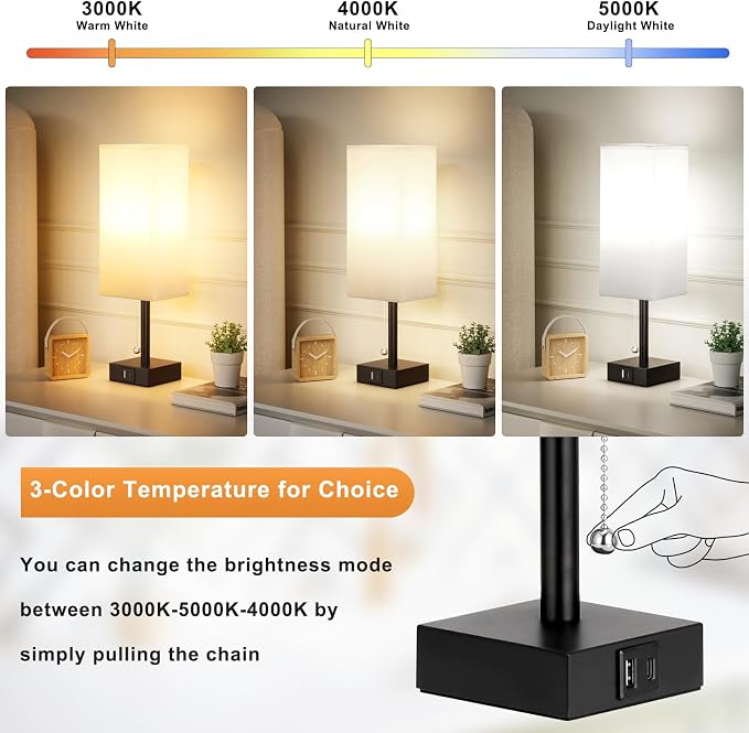 Set of 2 White Bedside Table Lamps for Bedroom - Nightstand Lamp, USB C+A | Pull Chain Lamp, 3 Color Modes(3000K/4000K/5000K), E26 LED Bulb Included, Square White Fabric Lampshade, for Read, Work, Dorm - Image 2