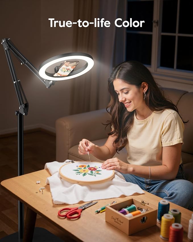 Ring Light with Stand & Lockable Wheels, Ring Light Tripod for iPhone with Phone Holder for Video Recording, Overhead Phone Mount, 30 Lighting Combinations, Perfect for Crafts/Live Streaming/Tutorials - Image 4